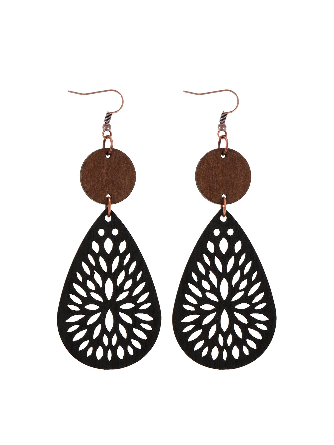 Wholesale Bohemian Style Vacation Vintage Hollow Water Drop Wooden Round Pieces Leather Earrings