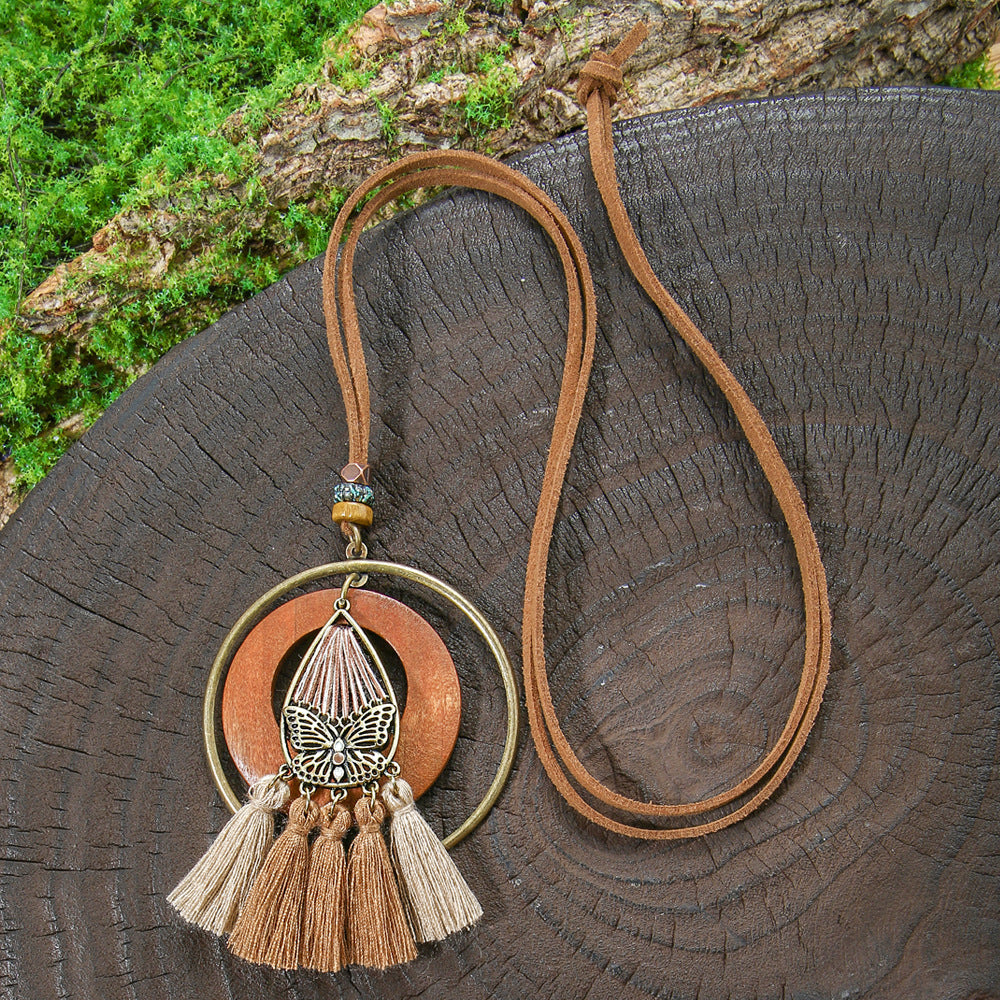 Wholesale Zinc Alloy Bohemian Ethnic Style Long Necklace with Wooden Tassel