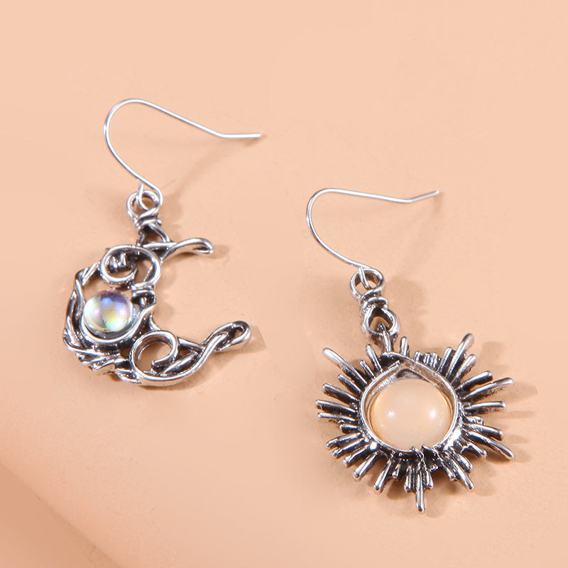 Wholesale retro Sun Moon Earrings Moonstone Geometric Hollow Asymmetric Earrings