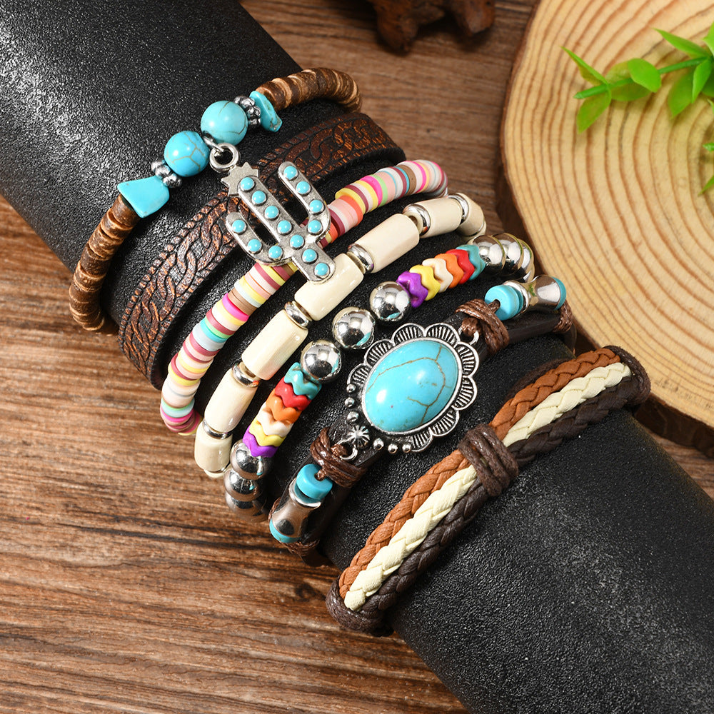 Wholesale Bohemian Style Women' s Cactus Leather Bracelet Cross-Border Jewelry New Mori Style Beaded Set Bracelet