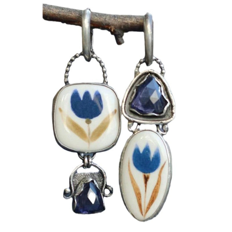 Wholesale  Geometric Enamel Diamond Earrings Creative Tibetan Blue Rhinestone Leaves Flower Pattern Earrings