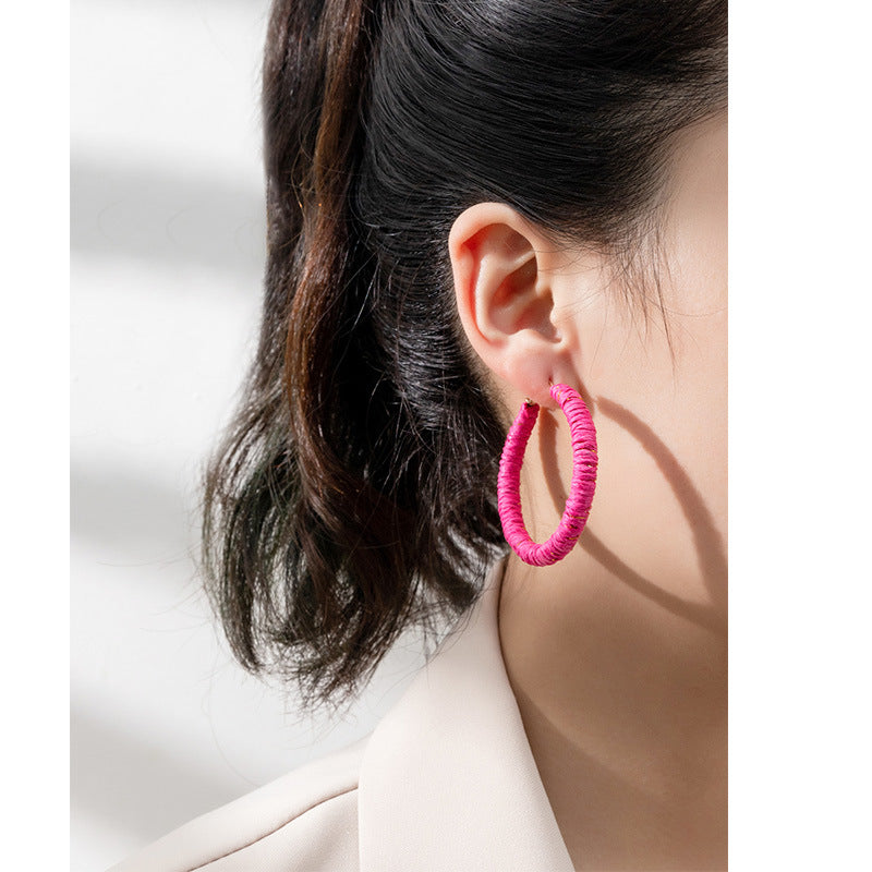 Wholesale 5pcs Bohemian Resort Style Raffia Hoop Earrings