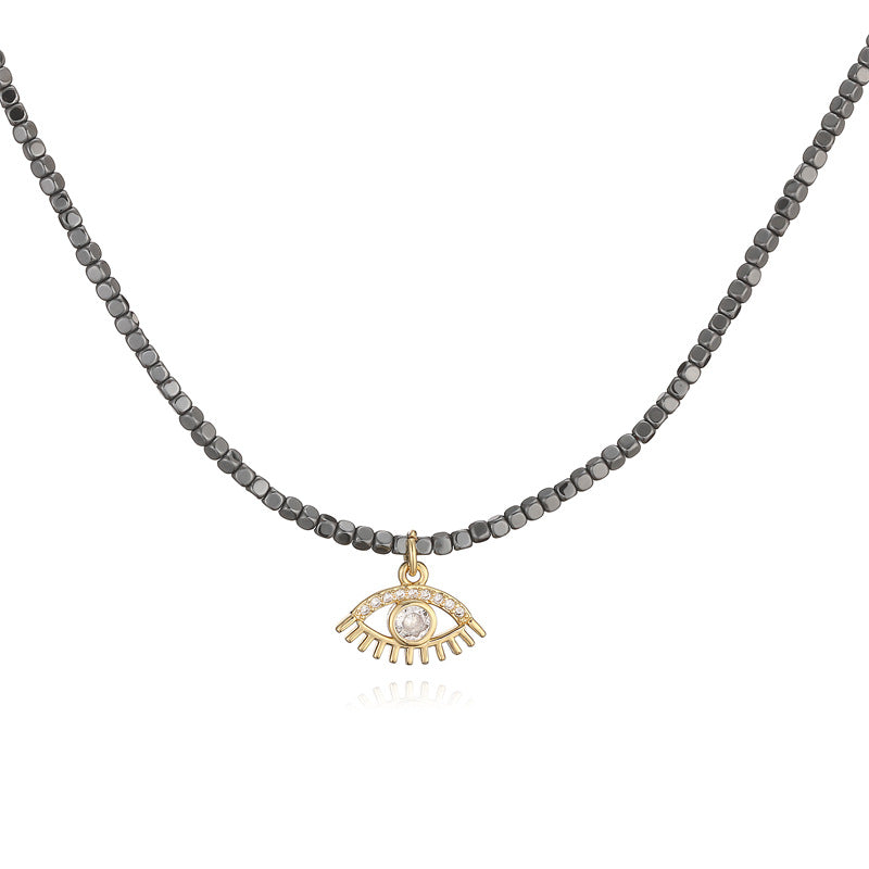 Wholesale Gold Plated Copper Black Stone Bead Necklace With Butterfly Heart Key Pendant Boutique Resale Jewelry For Women