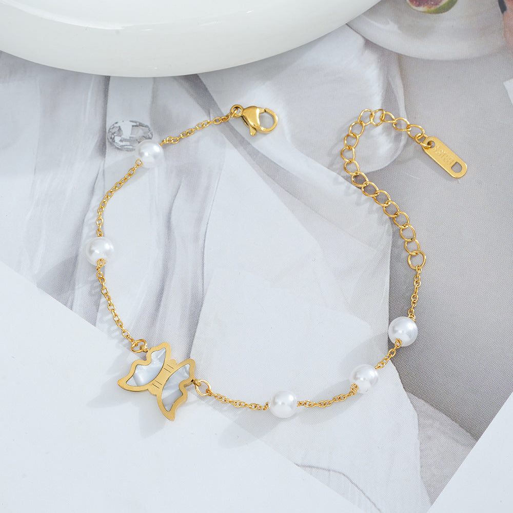 Wholesale Titanium Steel Retro Butterfly Pearl Bracelet - Fashion Jewelry Accessory,  Gift for Women