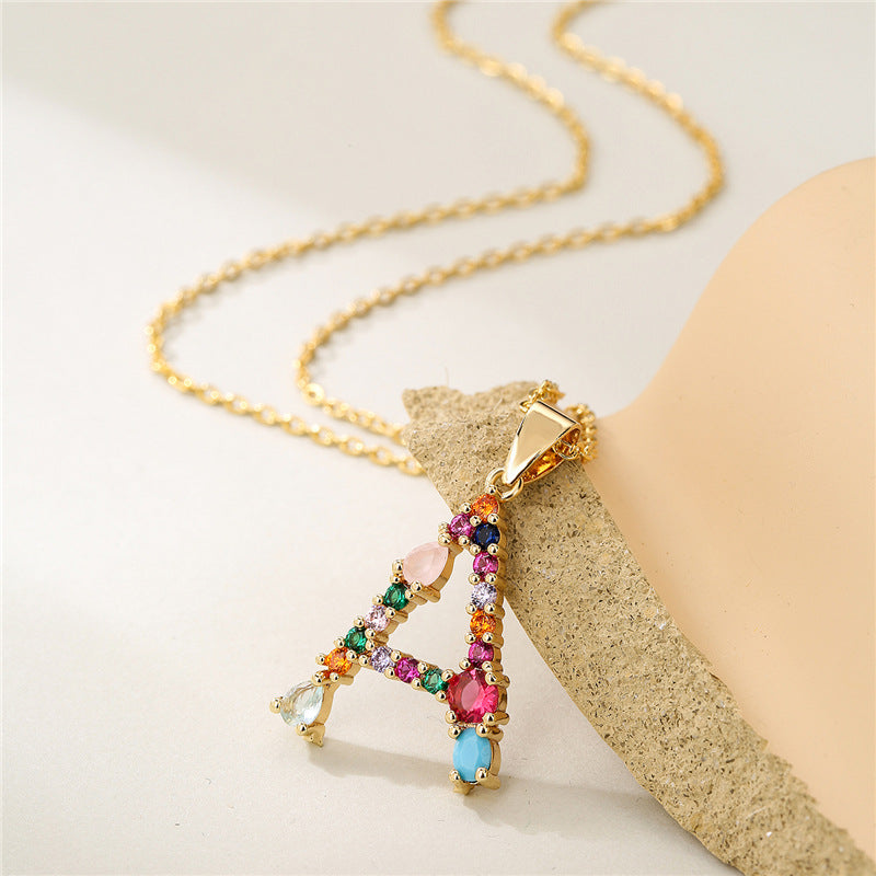 Wholesale 26 English Letters Mixed Color Gemstone Necklace ACC-NE-AoGu007