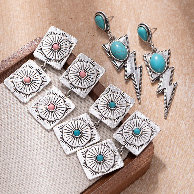 Wholesale Bohemian Turquoise Tassel Earrings Alloy Inlaid Resale Jewelry Accessory