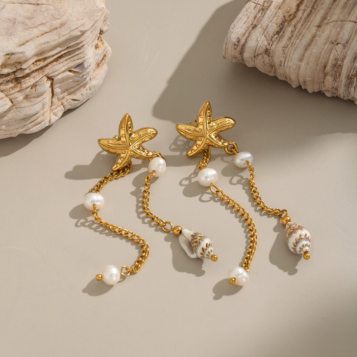 Wholesale Stainless Steel 18K Gold Plated Starfish Tassel Earrings with Freshwater Pearl Beach Style for Boutique Resale