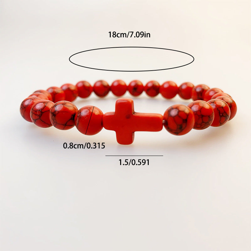 Wholesale Vintage Turquoise Cross Stretch Bracelet Unisex Religious Jewelry With Volcanic Stone Handmade Beaded Bracelet Gift Boutique Resale