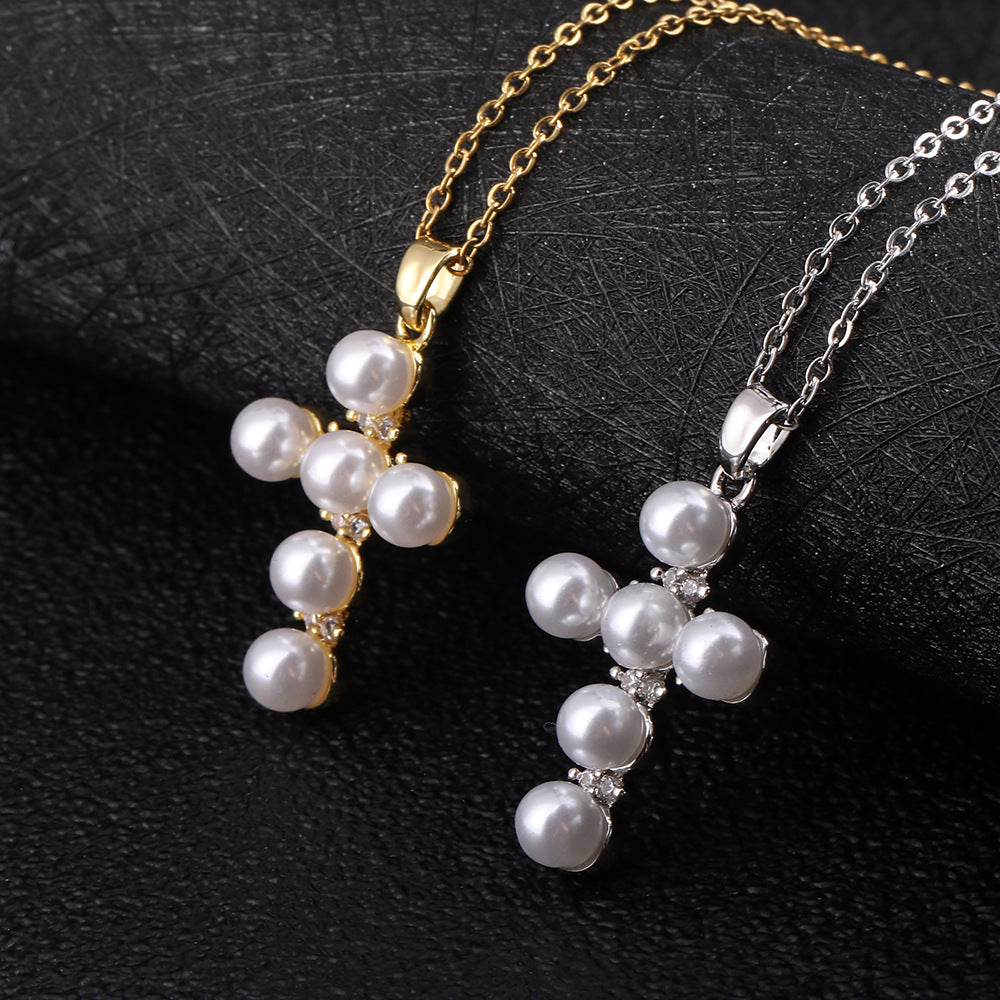 Wholesale Trendy 18K Gold Plated Pearl Cross Pendant Necklace For Women Fashion Jewelry Accessory