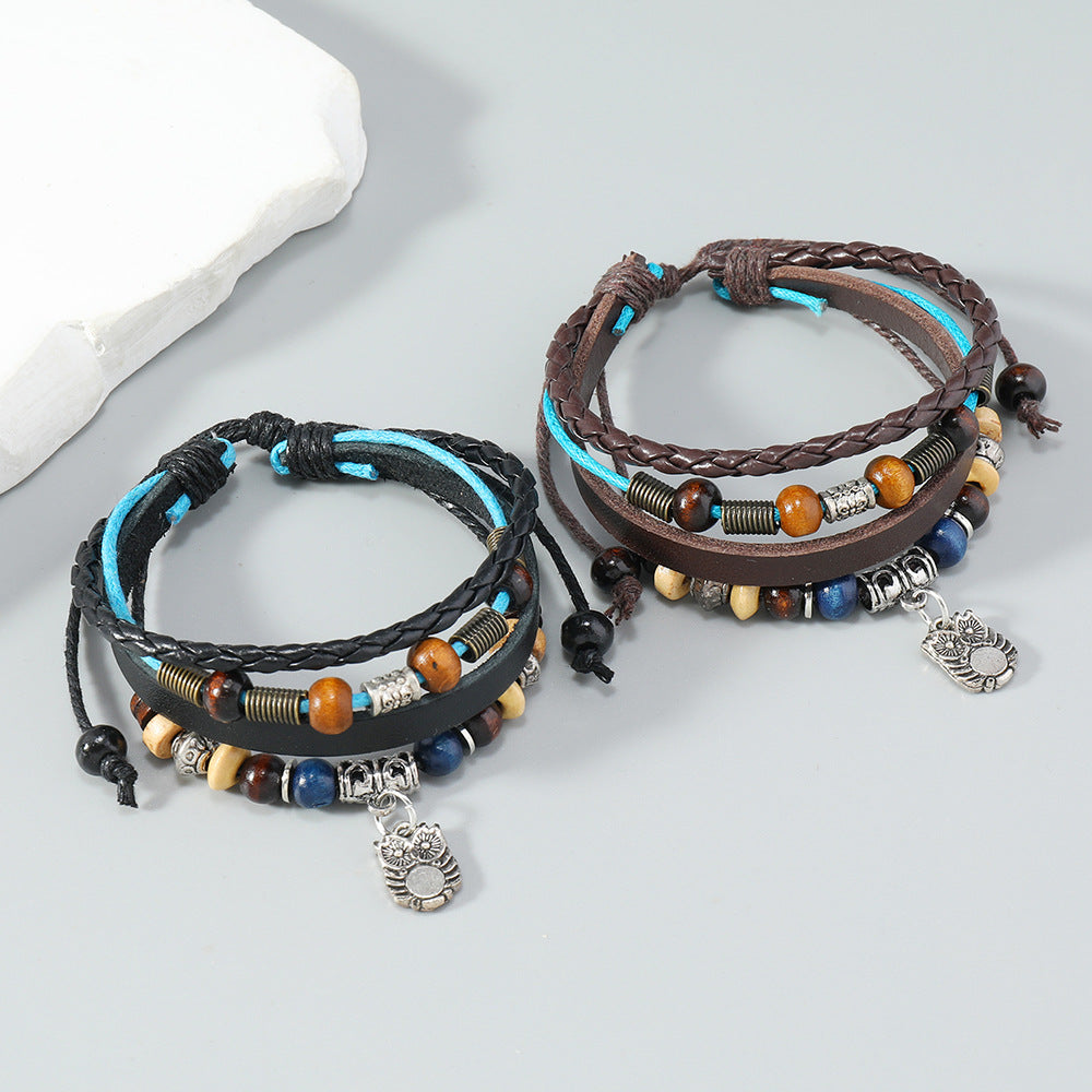 Wholesale Vintage Owl Pendant Beaded Leather Bracelet - Unisex Adjustable Leather Jewelry Accessory