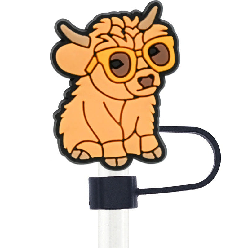 Wholesale Random 100pcs Cartoon Highland Cow  10mm PVC Soft Straw Tube Cap