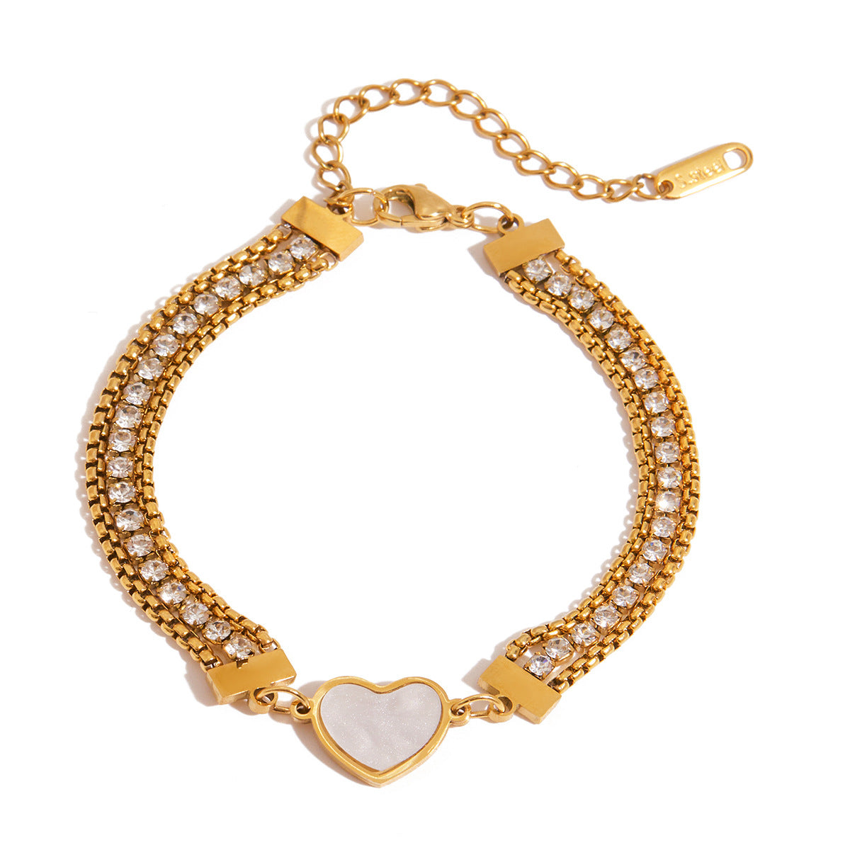 Wholesale 18K Gold Stainless Steel Shell-Shaped Heart with White Zircon Three-Layer Chain Bracelet