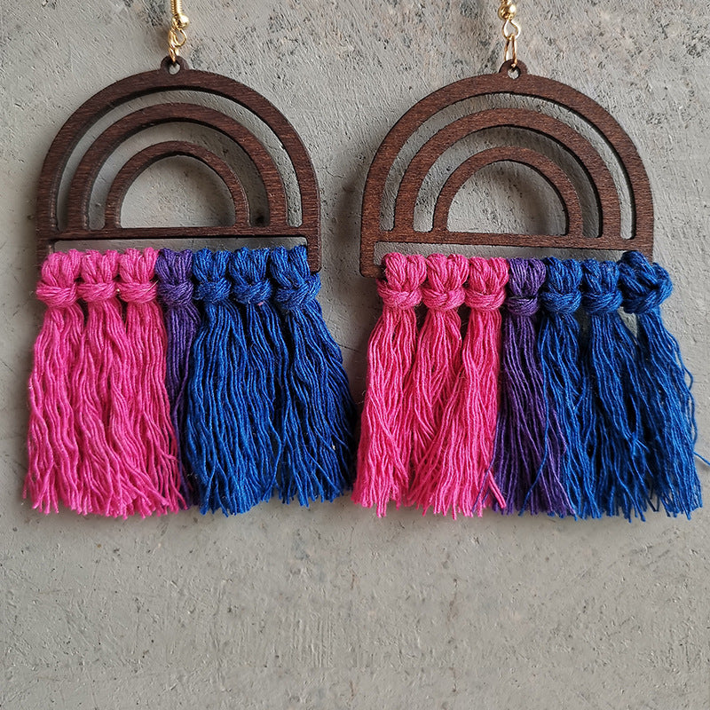 Wholesale 2 Pairs/pack LGBT Handwoven Wooden Rainbow Tassel Earrings ACC-ES-HY031