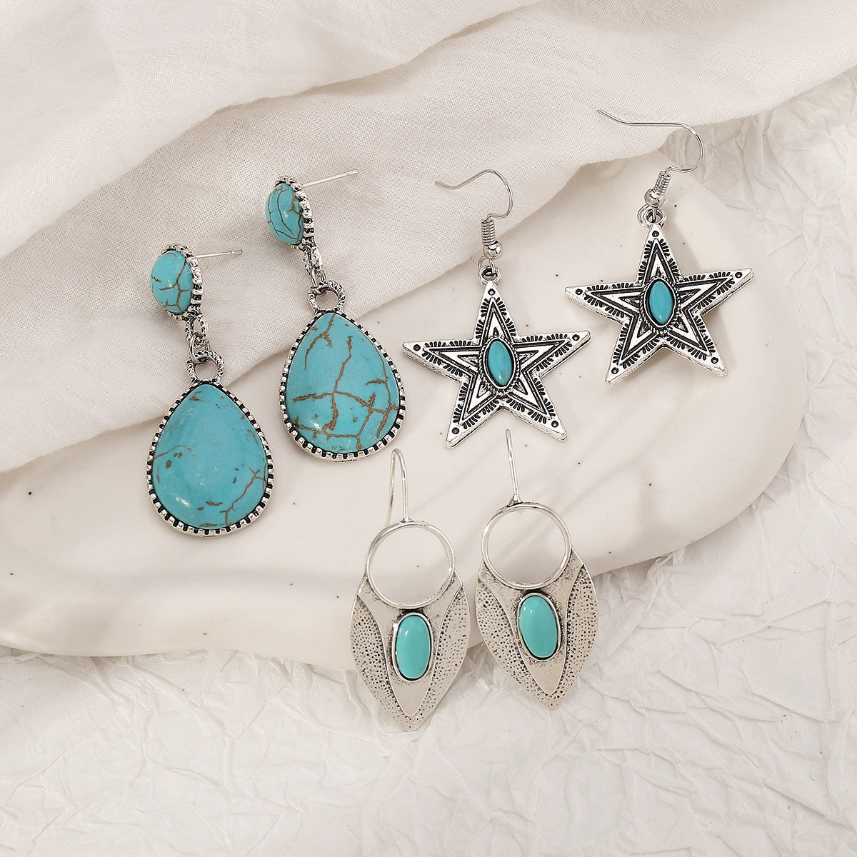 Wholesale  New Creative Ethnic Geometric Earrings Retro Artistic Lace Five-pointed Star Turquoise Earrings