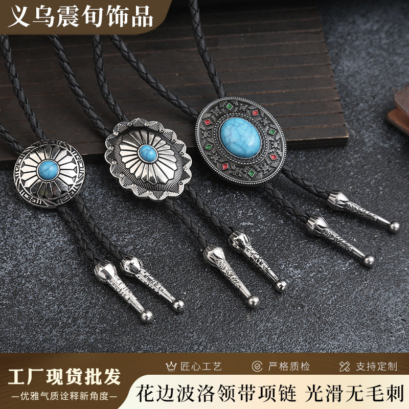 Wholesale Vintage Western Turquoise Lace Bolo Tie Necklace Unisex Alloy Leather Pendant Jewelry Accessory