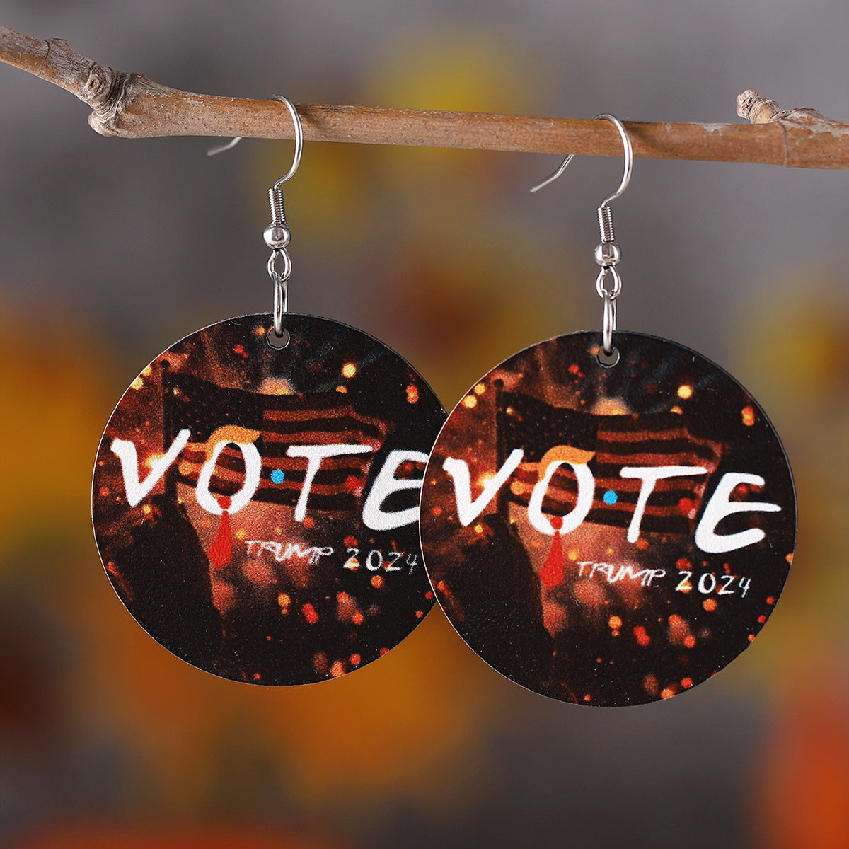 Wholesale Striped Star VOTE Round Wood Double-sided Earrings ACC-ES-ChuLian079