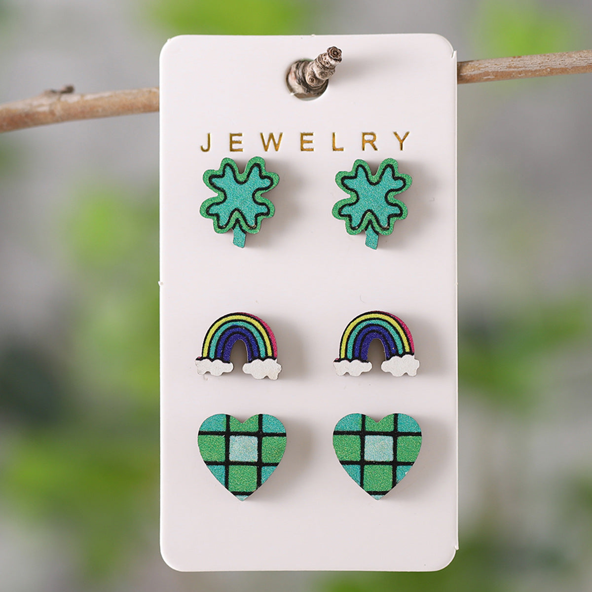 Wholesale St. Patrick's Day green clover horseshoe rainbow hat earrings set