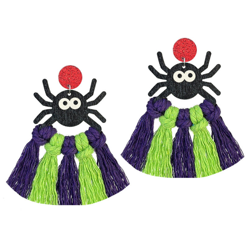Wholesale 2 Pairs/pack Halloween Hand-woven Pumpkin Bat Ghost Spider Wood Earrings ACC-ES-HY142