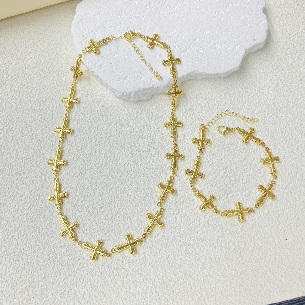 Wholesale  light luxury stainless steel three-dimensional hollow cross bracelet necklace suit