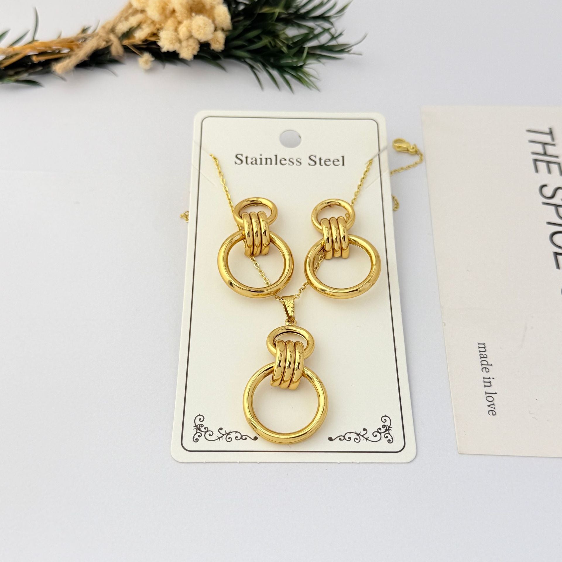 Wholesale Geometric Gold Plated Stainless Steel Necklace Earring Set for Party Boutique Jewelry
