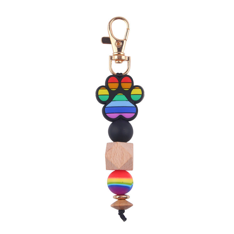 Wholesale Cartoon Rainbow Leopard Print Dog Paw Silicone Beaded Keychain ACC-KC-GuangTian072