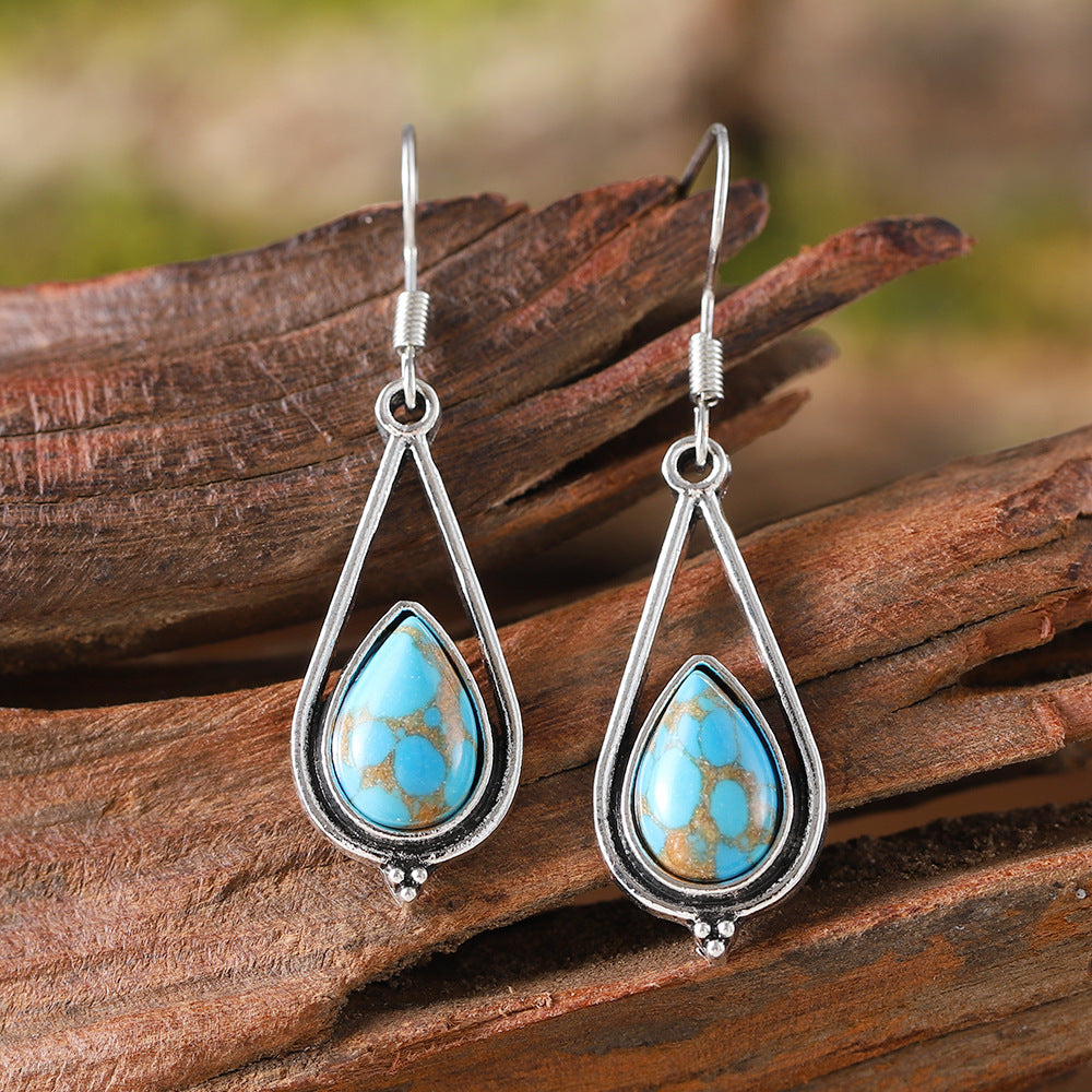 Wholesale Hollow Geometric Water Drop Turquoise Pendant Earrings