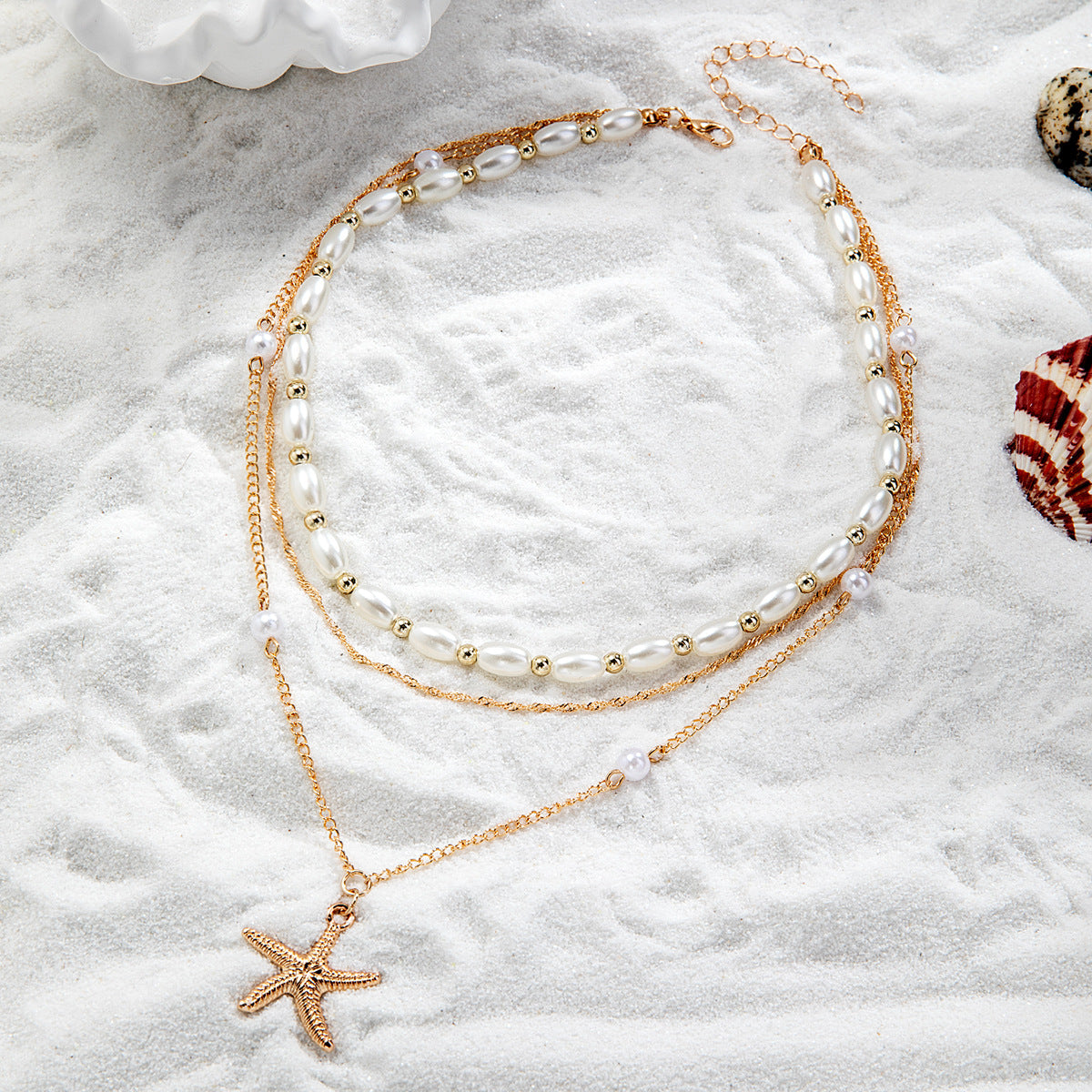Wholesale Stacking style alloy starfish pendant pearl gold bead three-layer adjustable necklace