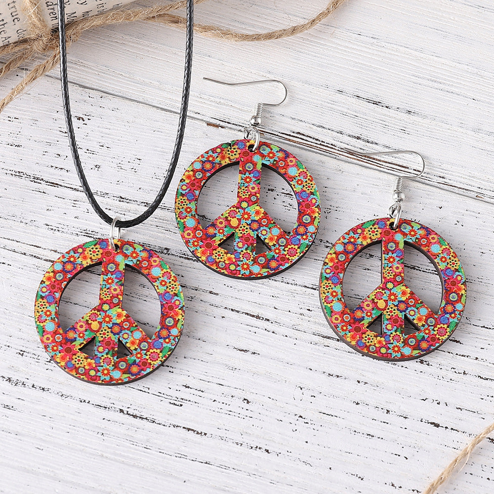 Wholesale Halloween Carnival Hippie suit Double-sided Wooden Pendant Peace Logo Necklace Earrings
