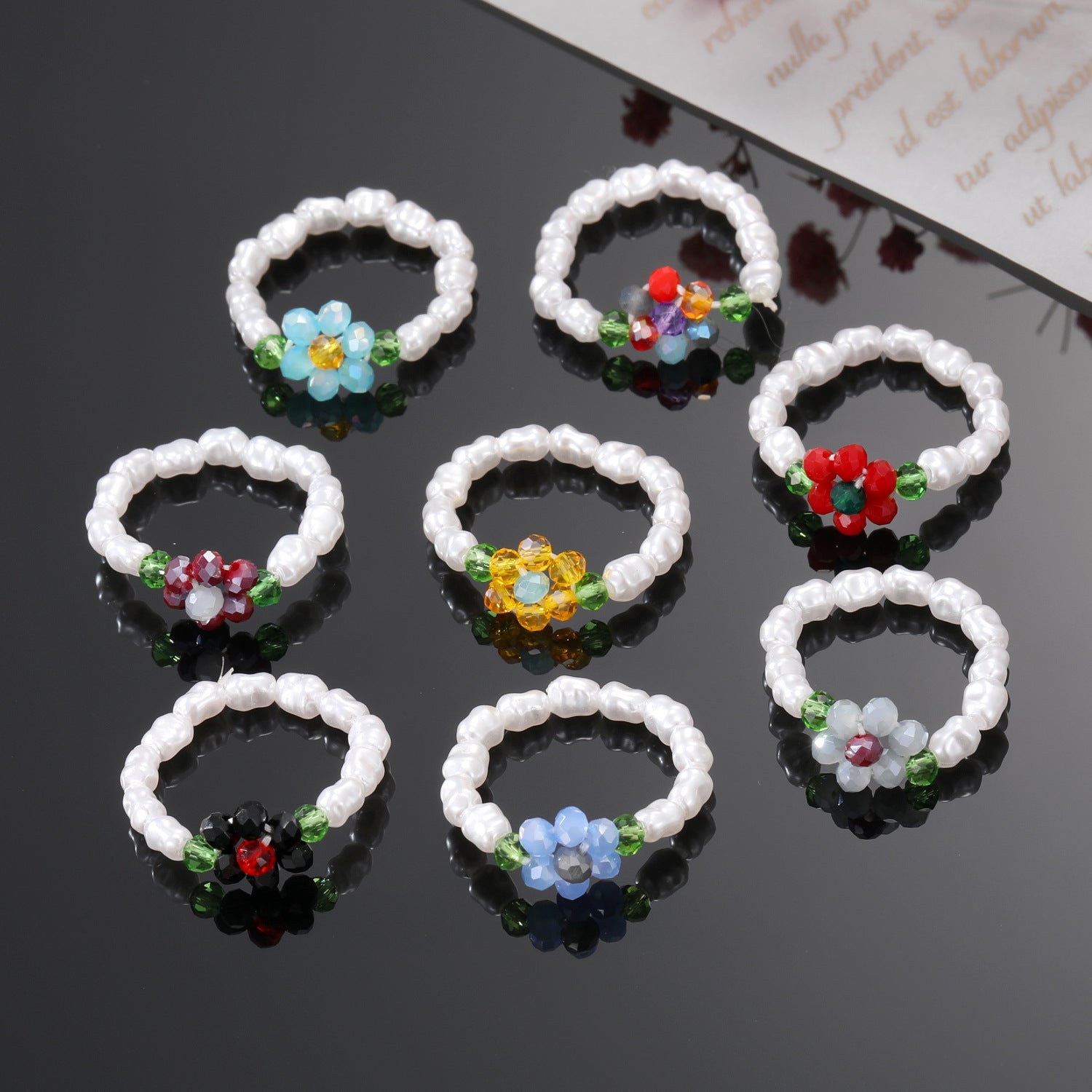 Wholesale Korean Style Flower Beaded Ring Resin Elastic Ring For Women Fashion Jewelry Accessory Boutique Resale