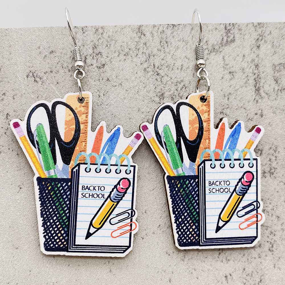 Wholesale Teachers' Day Earrings Pencil Alarm Clock Wooden Earrings