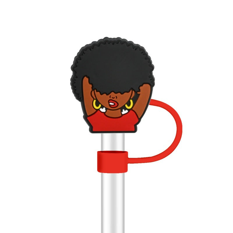 Wholesale 100pcs randomly black girl fashion series straw covers,  10mm soft silicone straw tube cap.