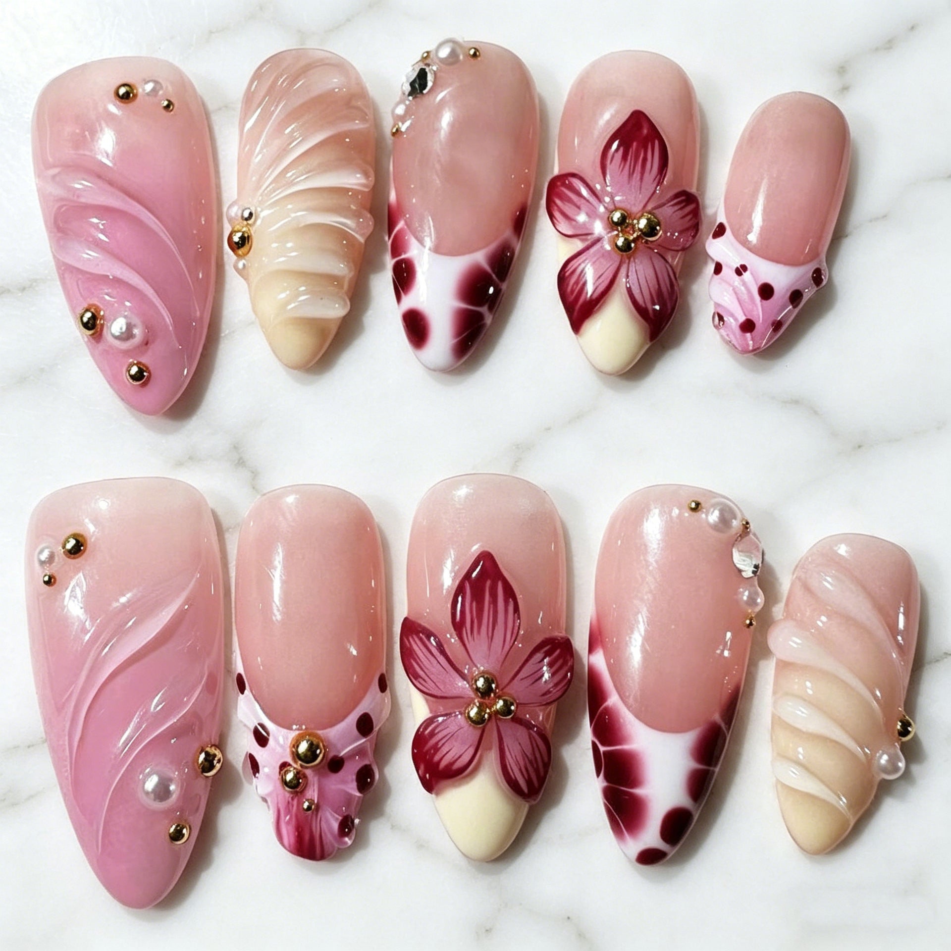 Wholesale 10 Pieces Almond Shaped Press On Nails Pink Gradient Floral Pearl Design Sweet Everyday Fashion Accessory Gift For Women