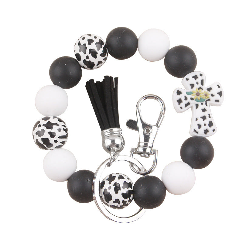 Wholesale New Silicone Beaded Keychain Pendant Leather Small Tassel Print Leopard Print Wooden Bead Bracelet Keychain Accessories ACC-KC-GuangTian036