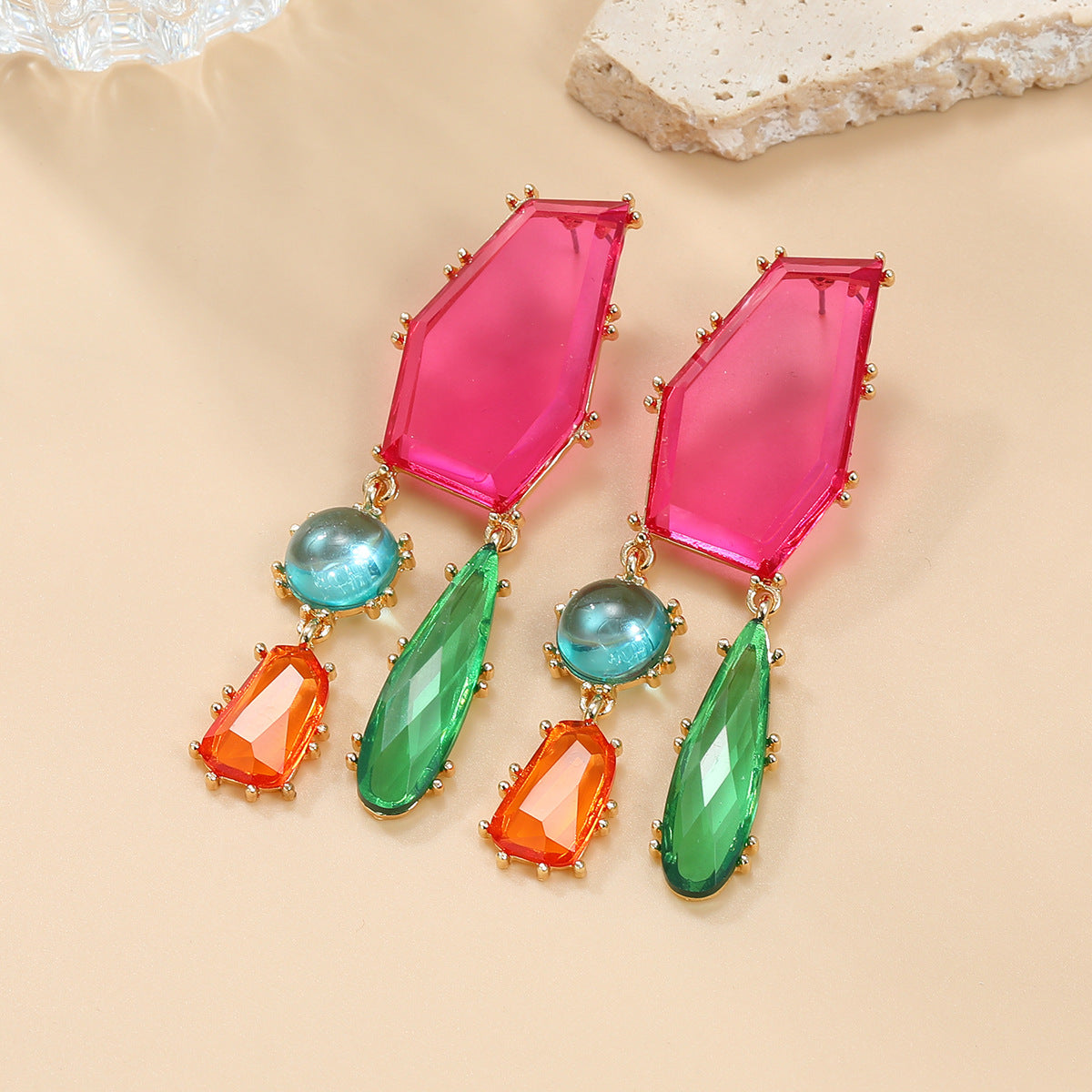 Wholesale Colorful Diamond Alloy Earrings with Exaggerated Geometric Block Color Bohemian Jewelry ACC-ES-JL001