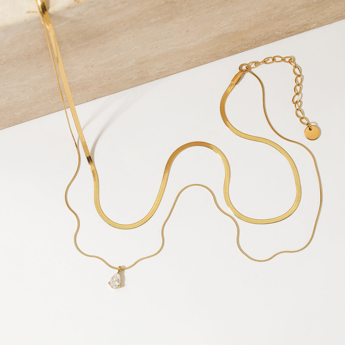 Wholesale Stainless steel double-layer square snake chain water drop zircon necklace