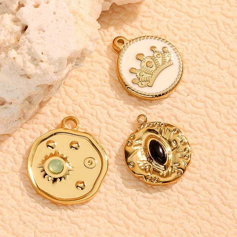 Wholesale Stainless steel round pendant micro-set with turquoise cat' s eye stones charms