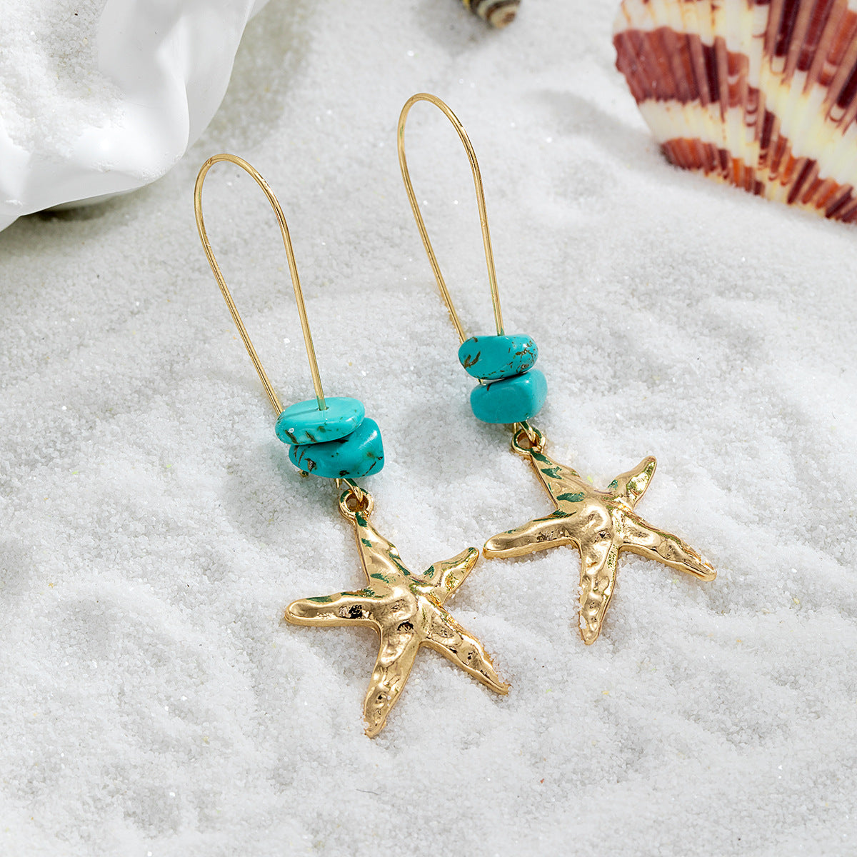 Wholesale  Ocean Style Alloy Starfish Pendant  Turquoise Beaded  Alloy Earrings
