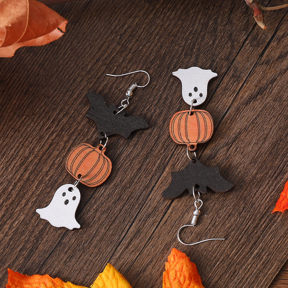 Wholesale Halloween Witch Pumpkin Bat Ghost Pendant Wood Earrings