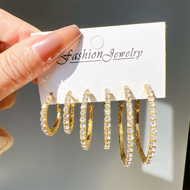 Wholesale retro flash full diamond large medium and small hoop earrings set