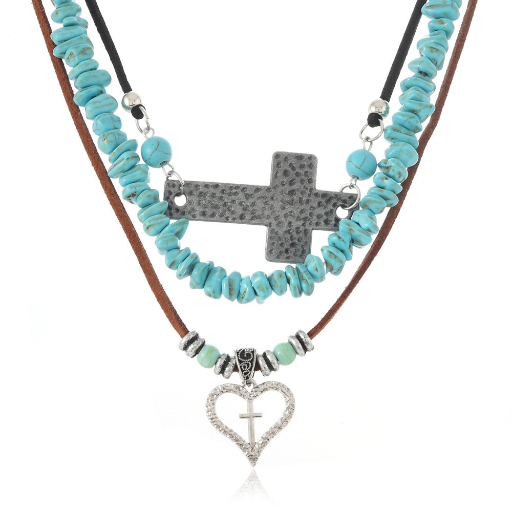 Wholesale Retro Ethnic Turquoise Beaded Layered Leather Choker Necklace Set With Cross Heart Pendant For Women