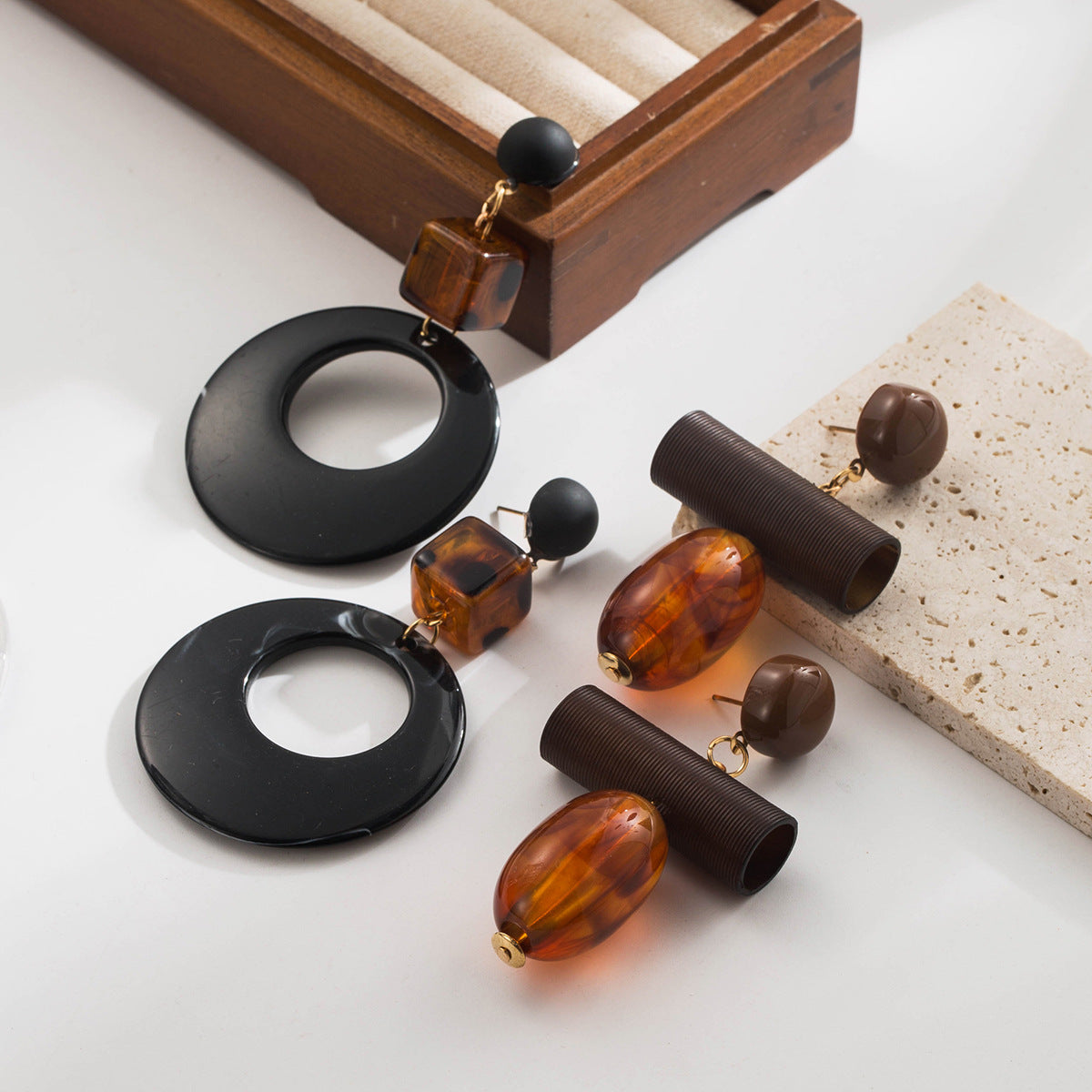 Wholesale Wood Resin Water Drop Round Pendant Earrings