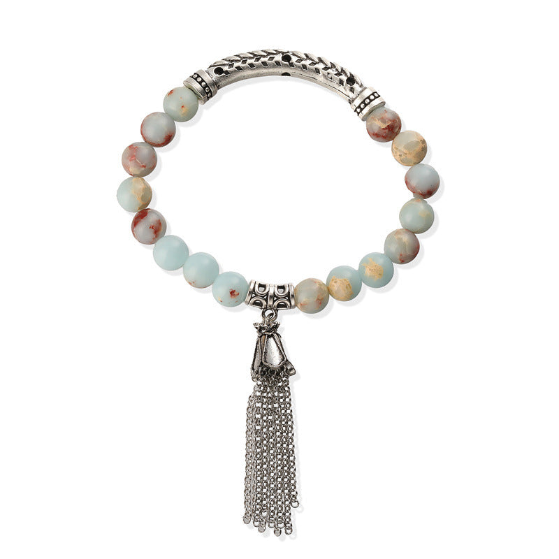 Wholesale Retro Chic Antique Silver Tone Stone Bead Bracelet With Tassel Pendant Heart Shaped 16 Beads Unisex Wedding Gift Fashion Accessory