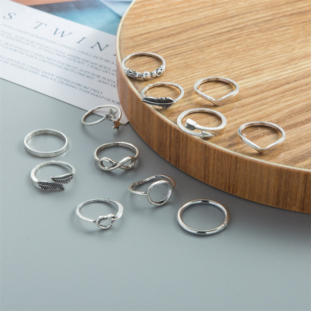 Wholesale 12 PCS/Set Star Moon Letter Leaf Arrow Old Joint Ring Knot Knot Ring