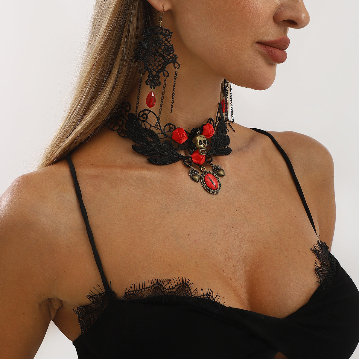 Wholesale  dark lace rose chain tassel earrings clavicle chain set