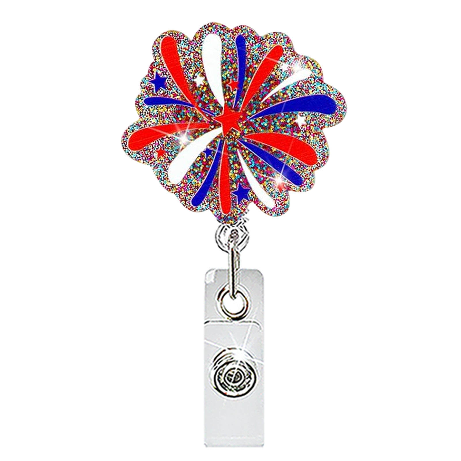 Wholesale Chic Patriotic Fireworks Acrylic Retractable Badge Holder Rotating ID Clip for Office and Gift