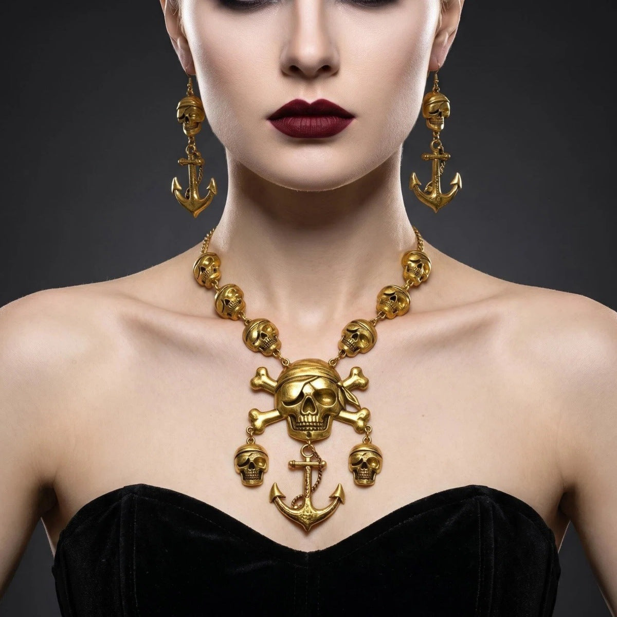 Wholesale Antique Gold Skull Punk Vintage  Jewelry Set Necklace Earrings Fashion Accessory