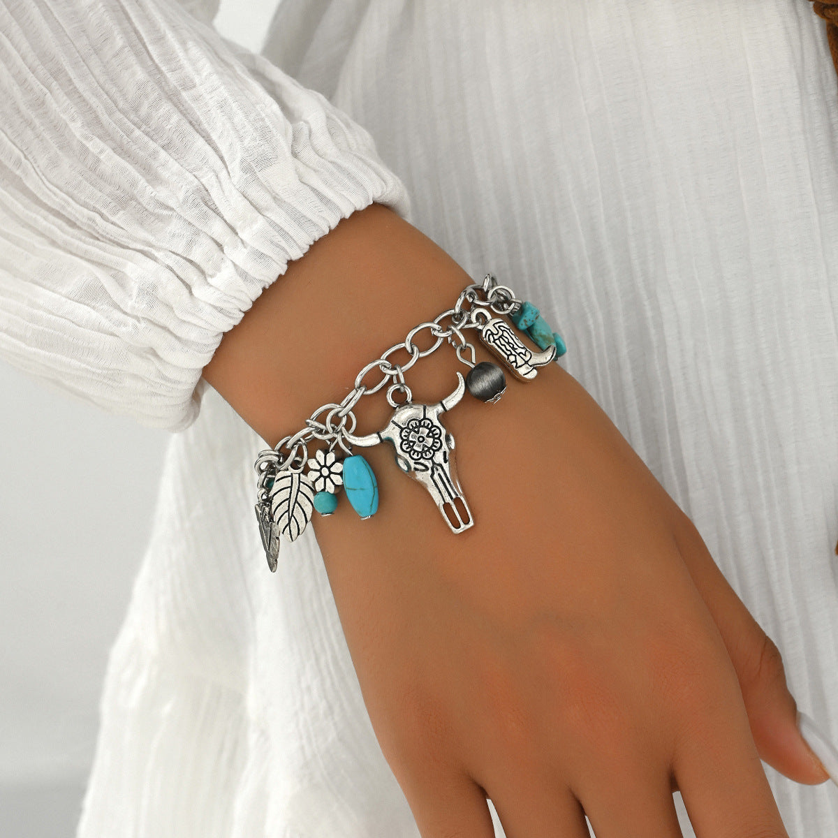 Wholesale Western Cowboy Style Turquoise Flower Feather Bracelet