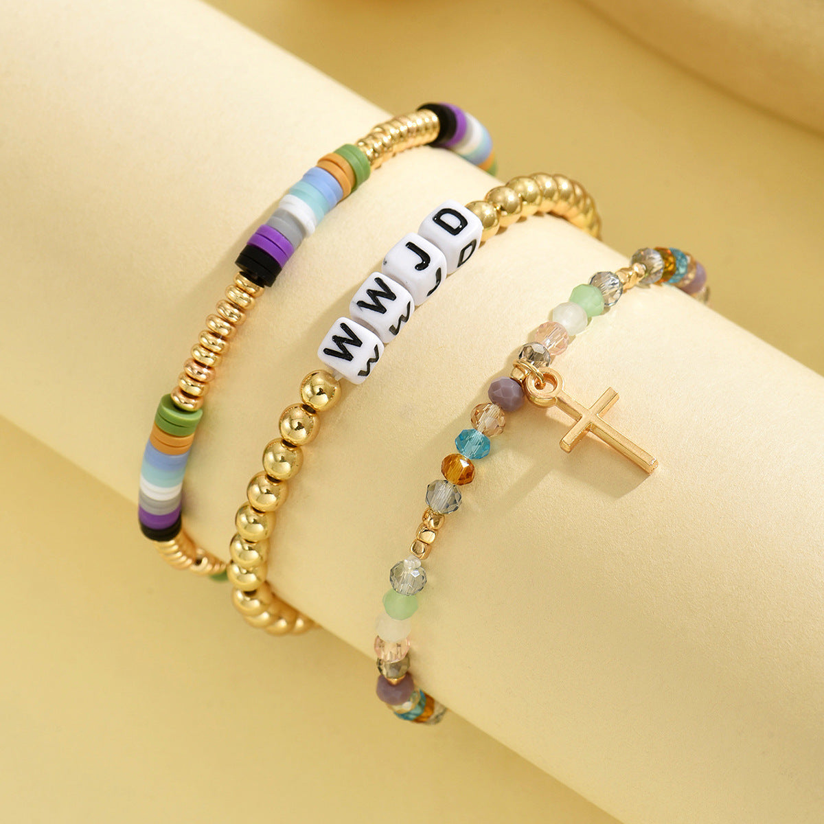 Wholesale Polymer clay letter and cross pendant stretch bracelet set