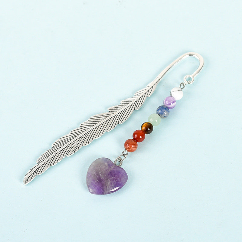 Wholesale Natural Stone Crystal Colorful Love Pendant Feather Metal Bookmark Pendant ACC-BM-ZhiSF001