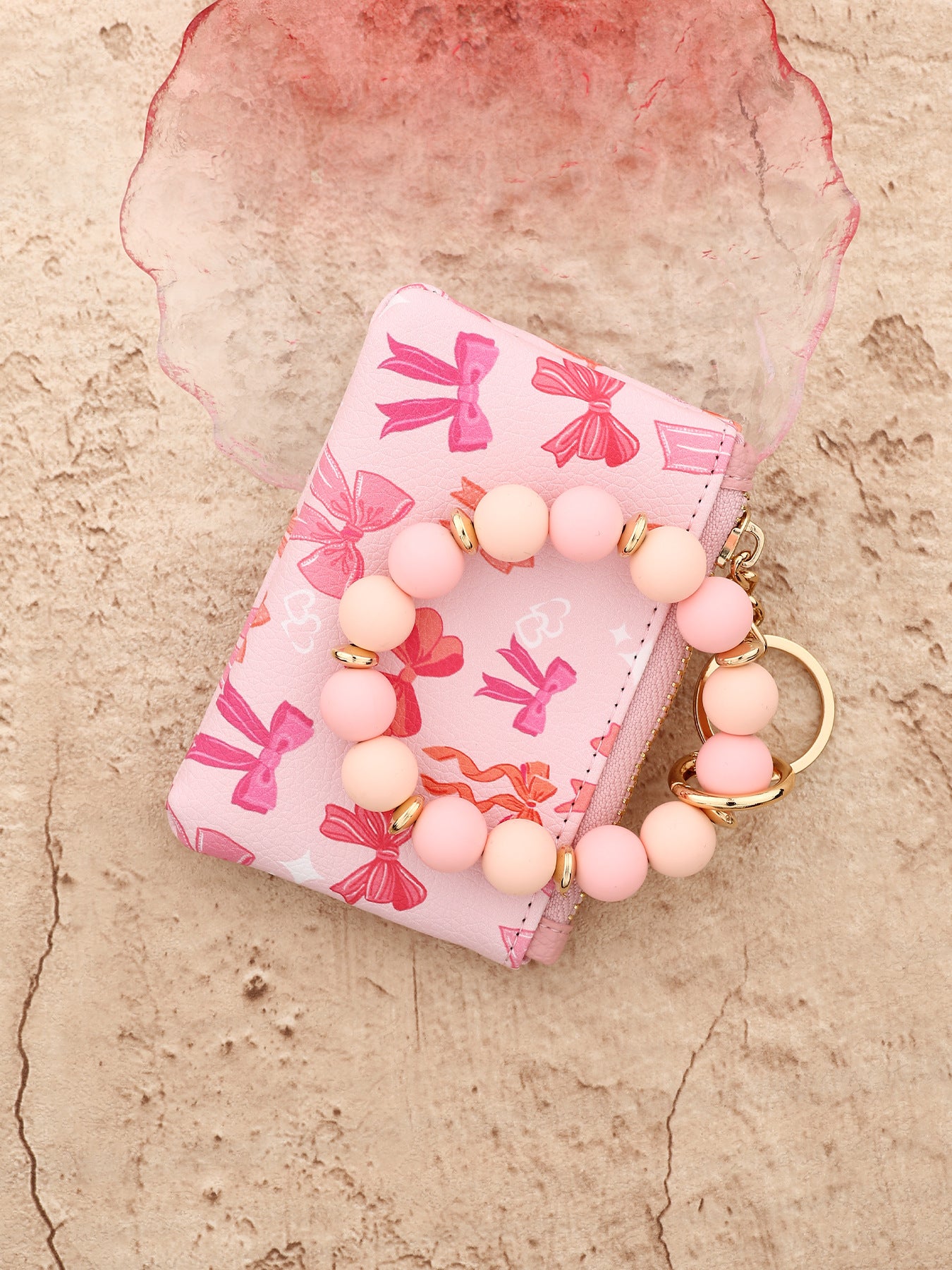 Wholesale Wallet Bow Card Holder Printed Clutch Silicone Bead Bracelet Wristlet Keychain